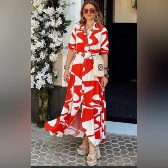Zara zw Collection Printed midi dress red ecru BNWT - Picture 3 of 10